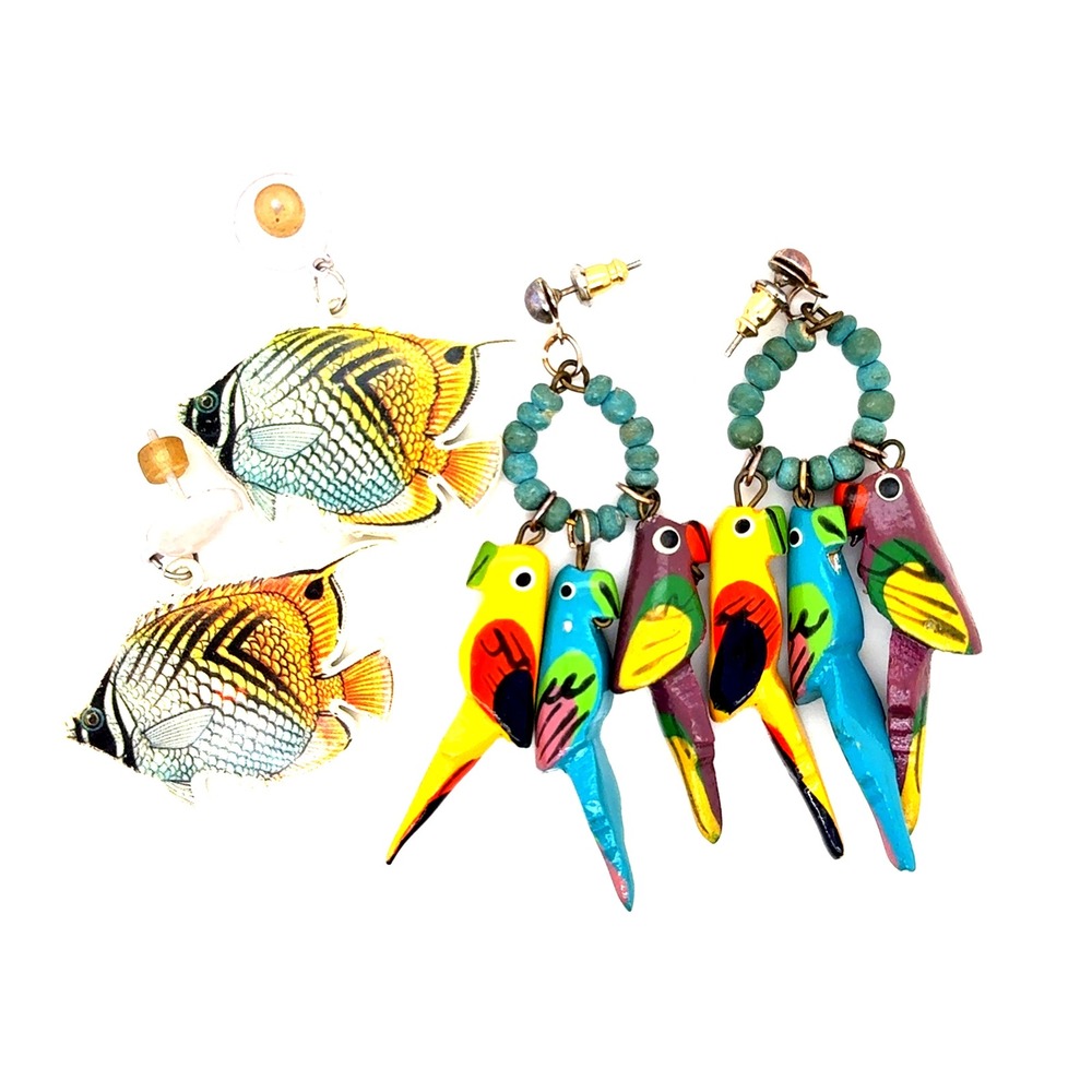 Tropical Bird Fish Earring Bundle Hand Painted Parrot Hoops Angelfish Posts